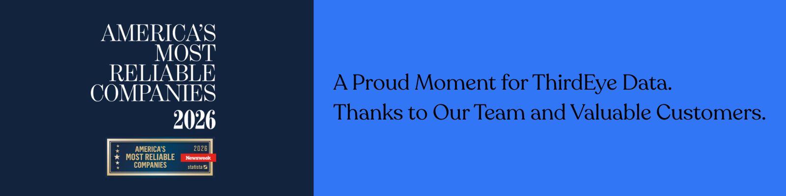 Award announcement for America's Most Reliable Companies 2026 by Newsweek, featuring ThirdEye Data's recognition and gratitude towards their team and customers.