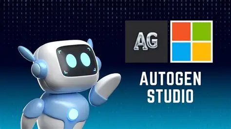 Robot character representing Autogen Studio, featuring a friendly design with blue and white colors, alongside the Autogen Studio logo and Microsoft logo, symbolizing intelligent automation and AI co-piloting for business operations.