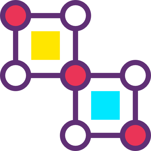 The provided visual is an icon. It shows interconnected nodes and colored squares, which typically represent networks, connections, or spatial relationships.