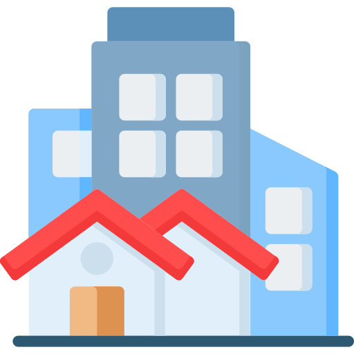 The provided visual is an icon. It depicts stylized buildings and houses, making it suitable for topics related to spatial intelligence, property measurement, or urban planning in the context of AI applications.