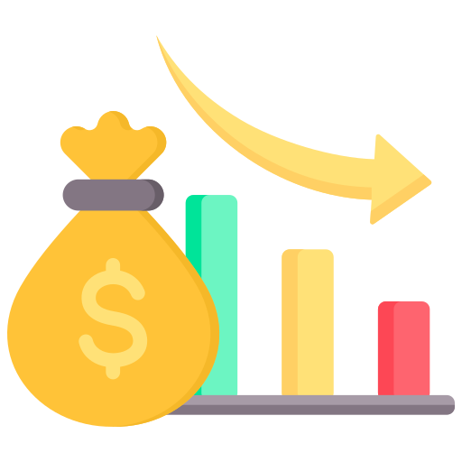 The visual provided is an icon. It depicts a money bag, a downward trending bar chart, and a yellow arrow, typically symbolizing a decrease in financial value or loss.