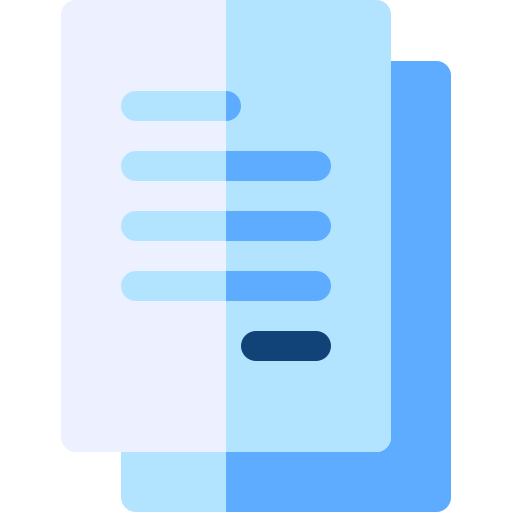 The provided visual is an icon. It features two stylized documents or sheets of paper, which generally symbolize reports, documentation, data records.