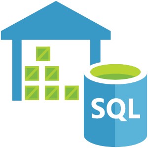 Icon representing Azure SQL Data Warehouse with a storage building and SQL database, symbolizing cloud-based data warehousing and analytics capabilities.