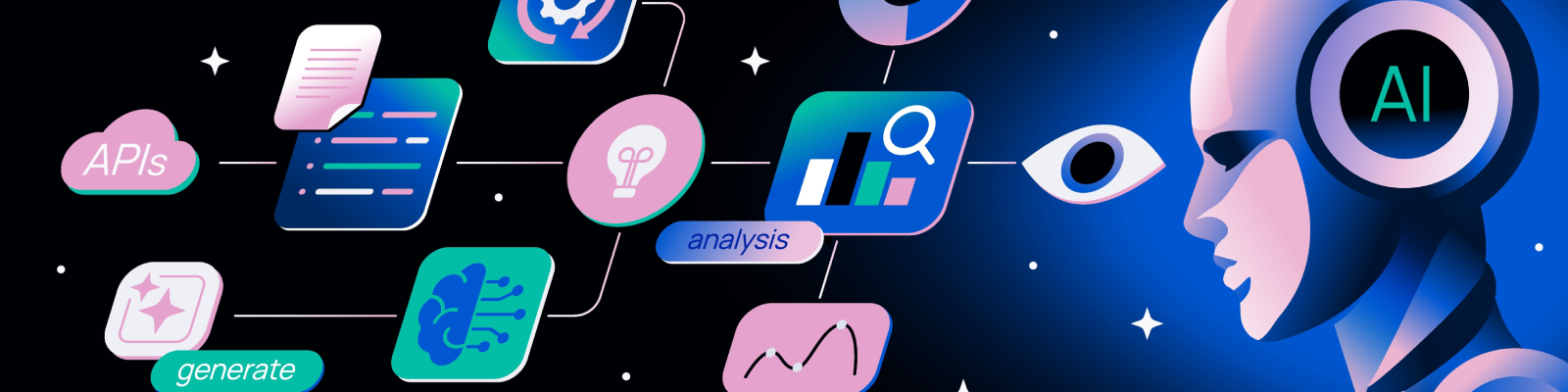 AI technology concept with human head and digital icons