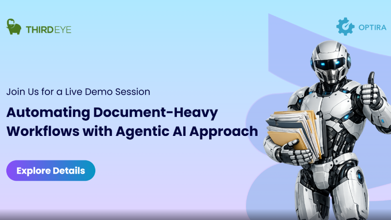 Robot holding documents promoting AI workflow automation demo