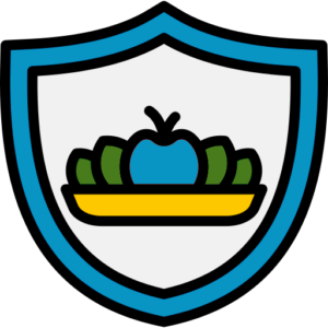 Shield with fruit bowl icon for food safety