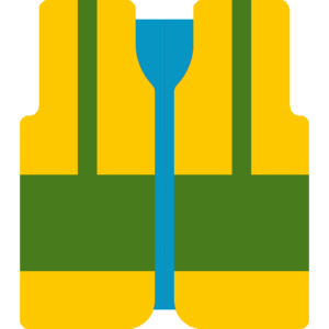 PPE Kit: Yellow safety vest with green stripes and blue zipper