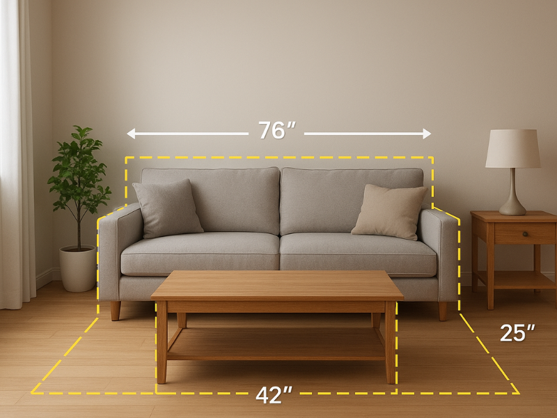 Gray sofa with measurement overlay in modern living room