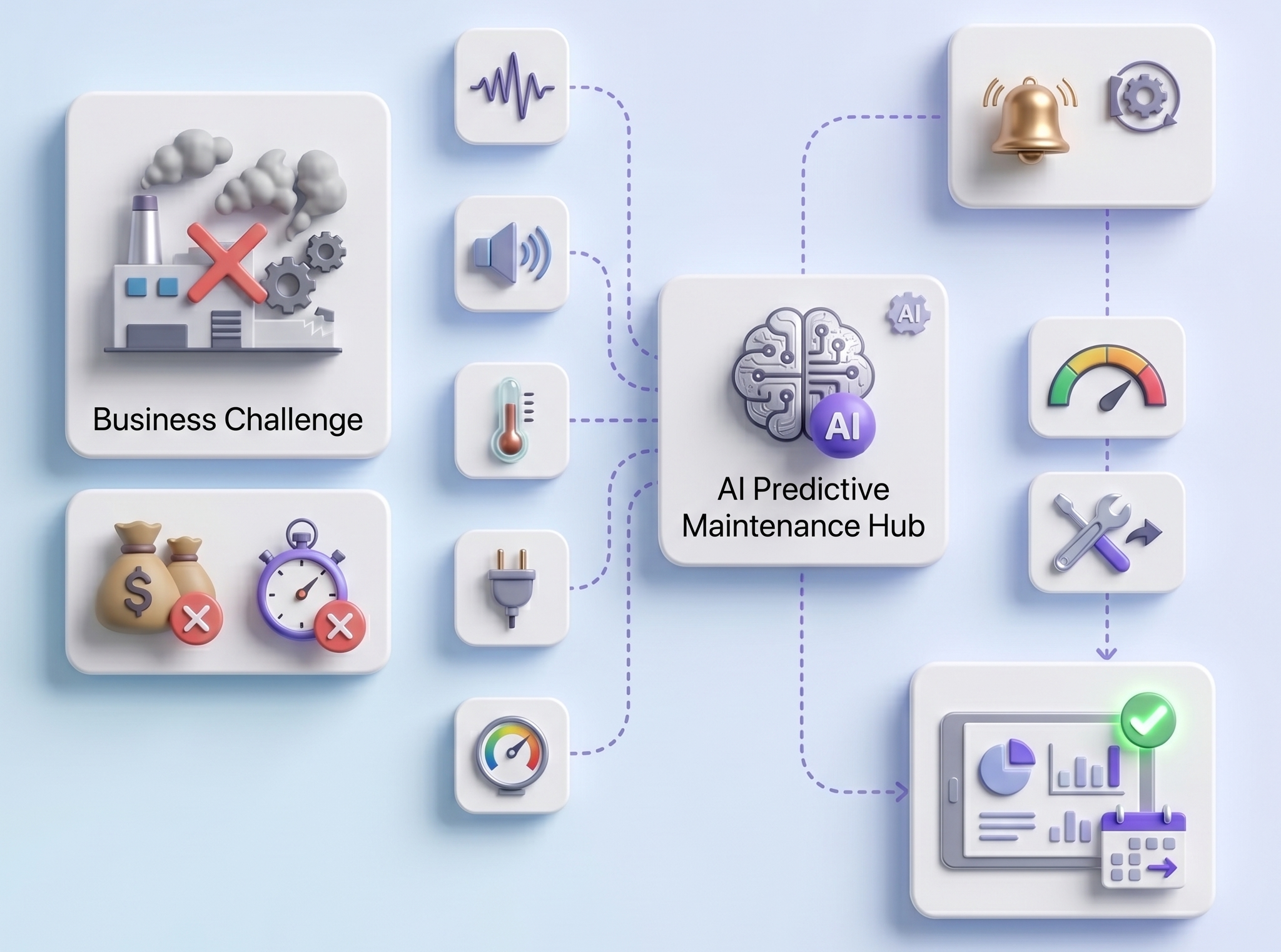AI predictive maintenance system workflow diagram with icons
