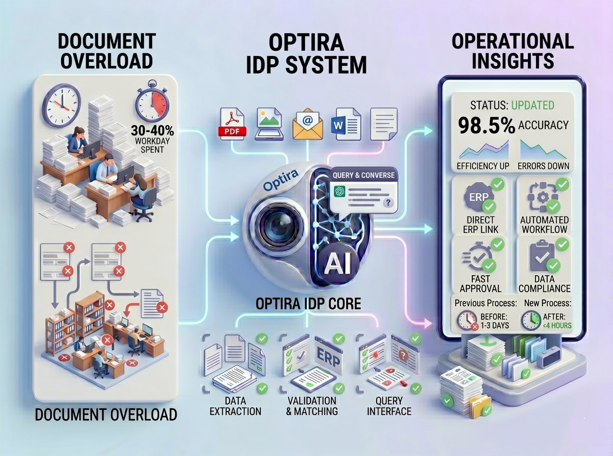 Optira IDP system workflow diagram showing document processing automation