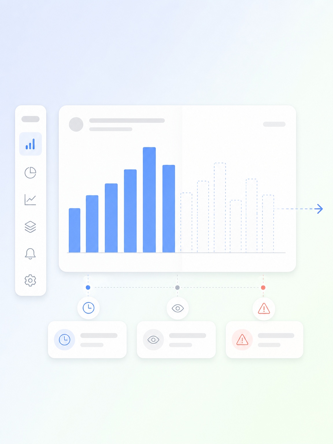 Analytics dashboard showing blue bar chart with navigation icons