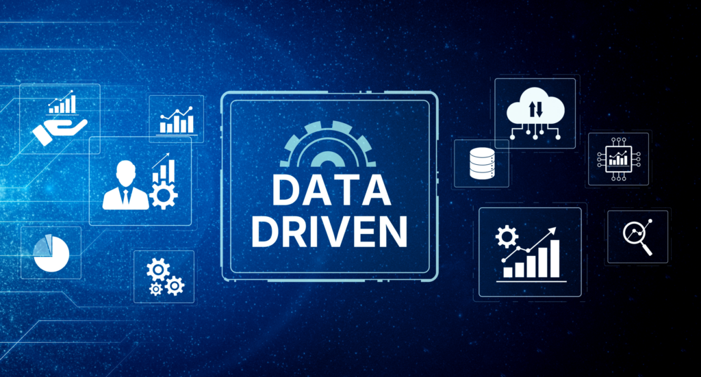 Data driven concept with analytics icons on blue background