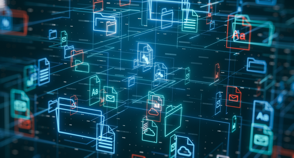 Digital file management system with glowing blue icons
