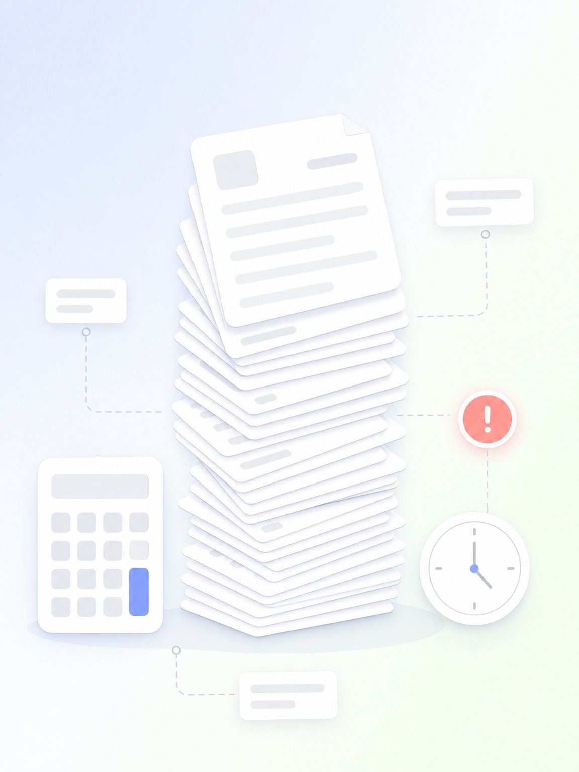 Stack of documents with calculator, clock and warning icons