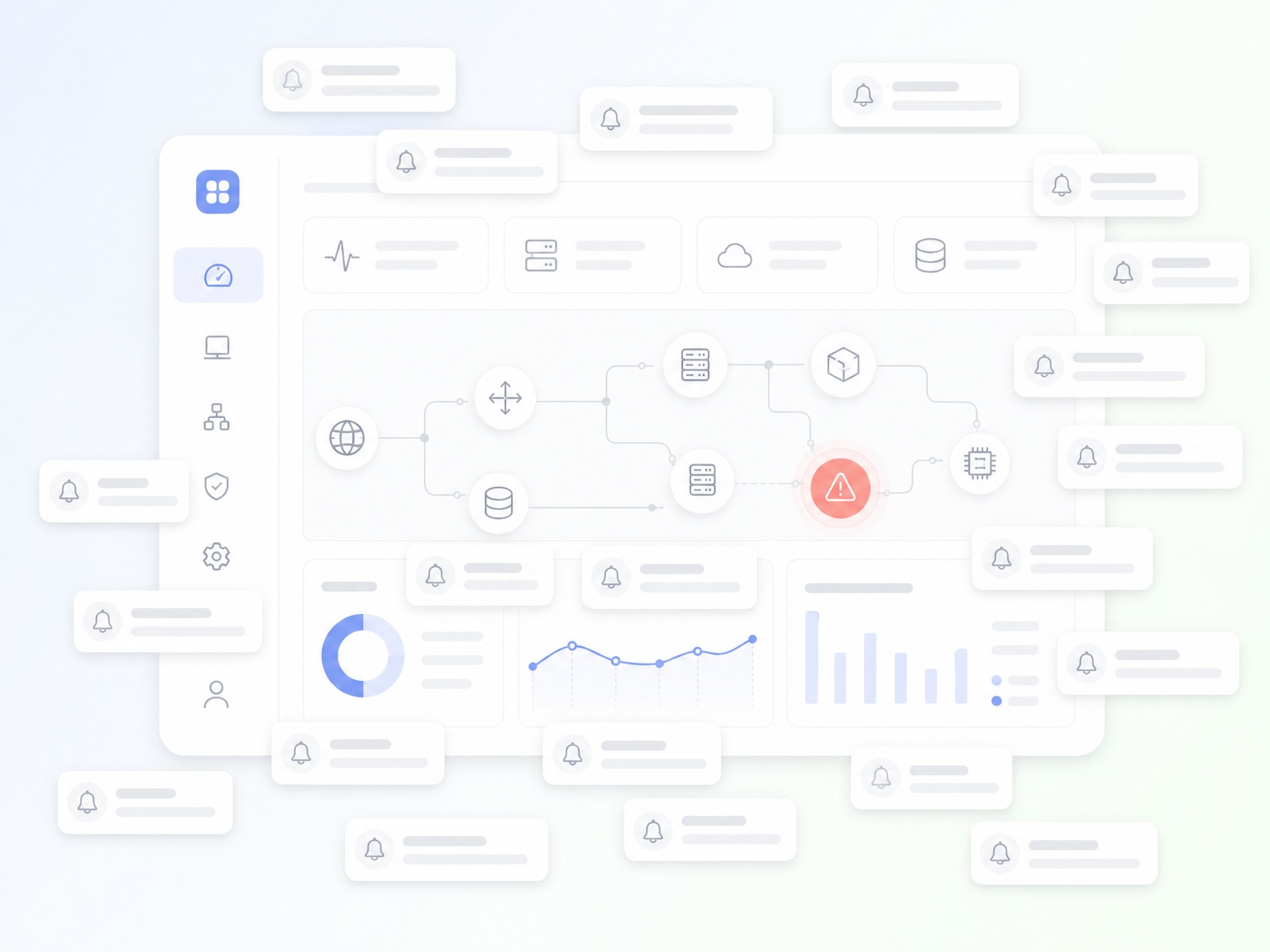 System monitoring dashboard with network diagram and alerts