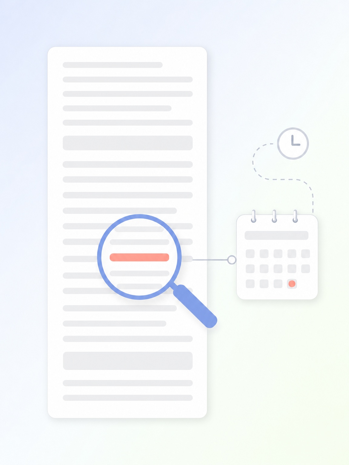 Document with magnifying glass, calendar and clock illustration