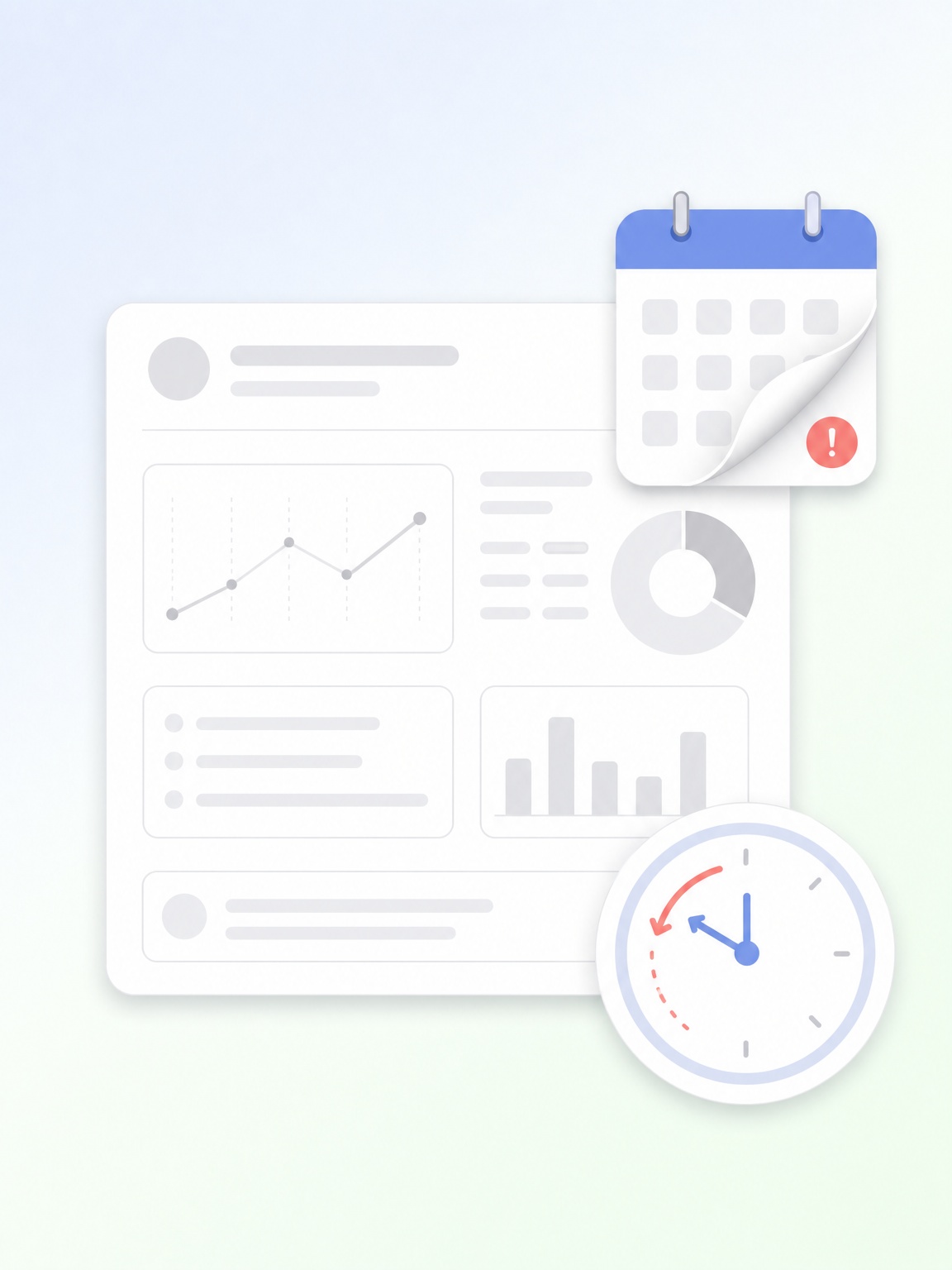 Business dashboard with calendar, clock, and analytics charts