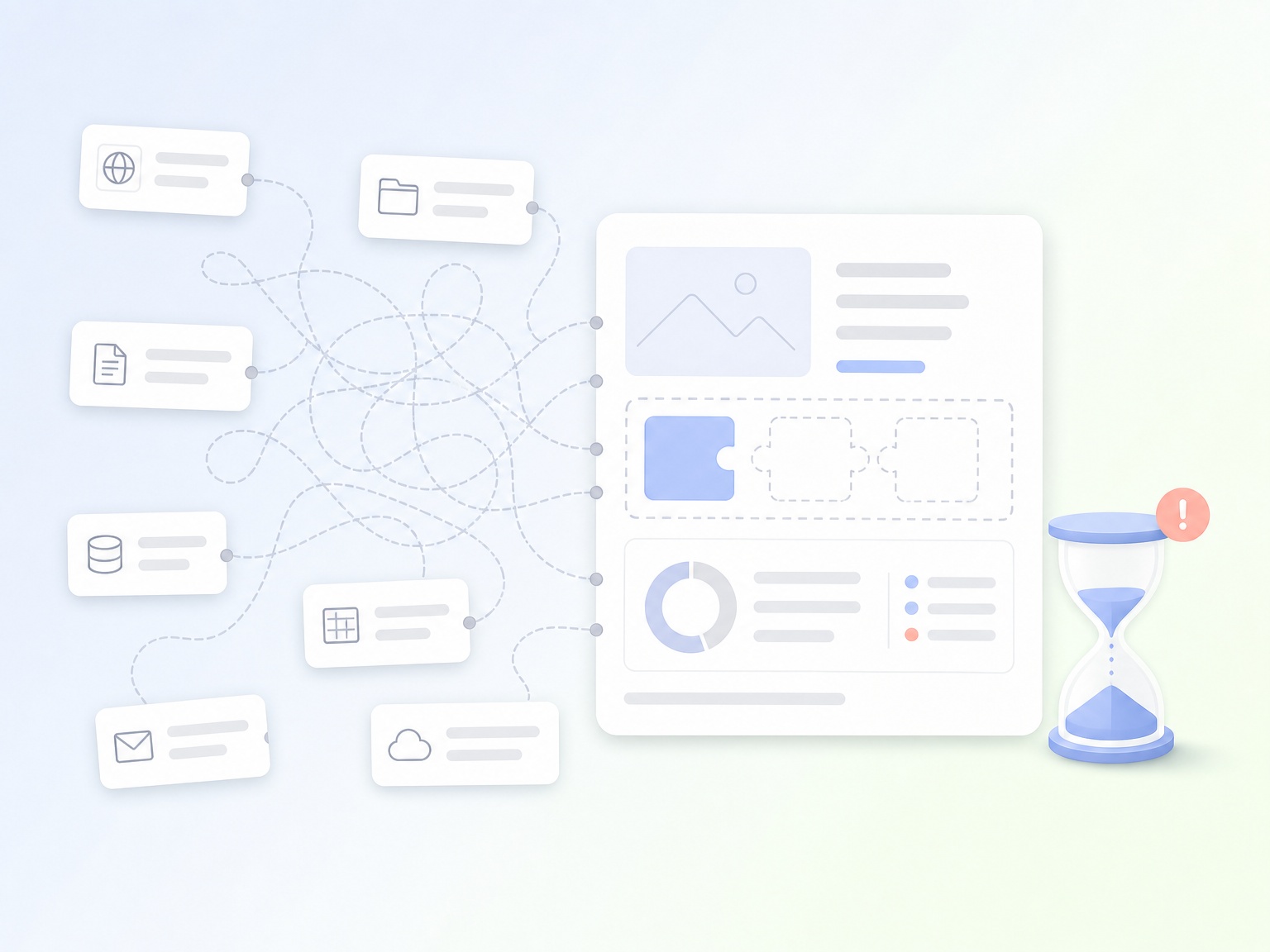 Digital workflow diagram with connected service icons and dashboard