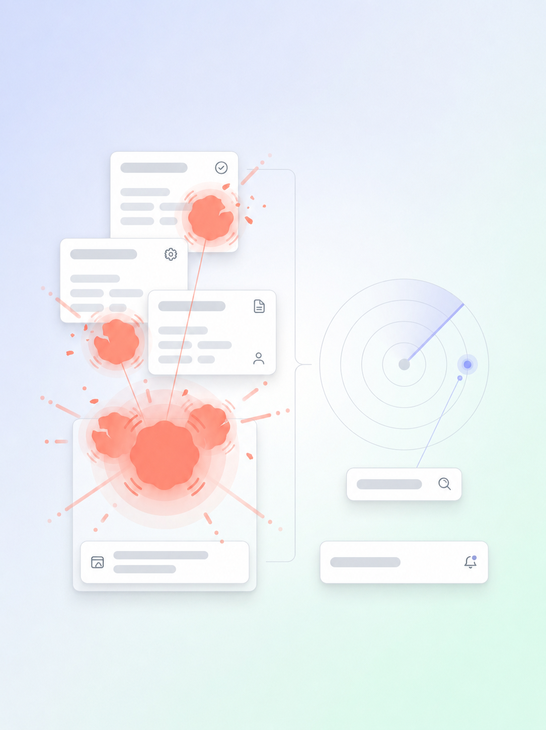 Digital interface explosion with red burst and UI elements