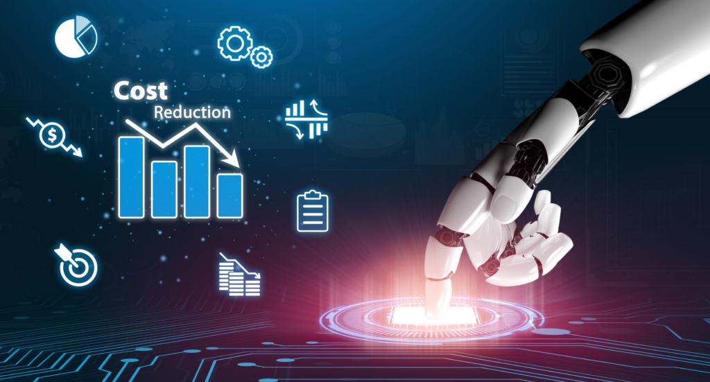 Robot hand touching holographic interface showing cost reduction analytics
