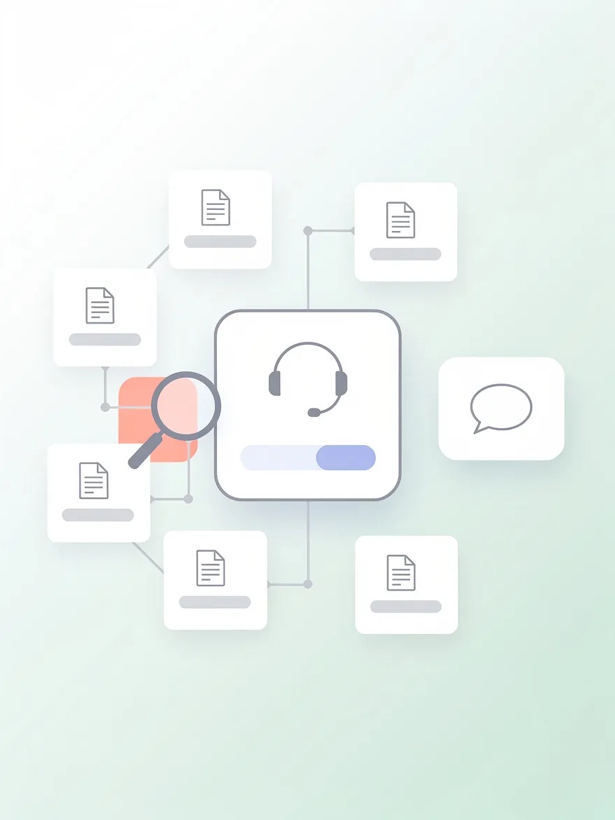 Customer support headset icon connected to documents and chat