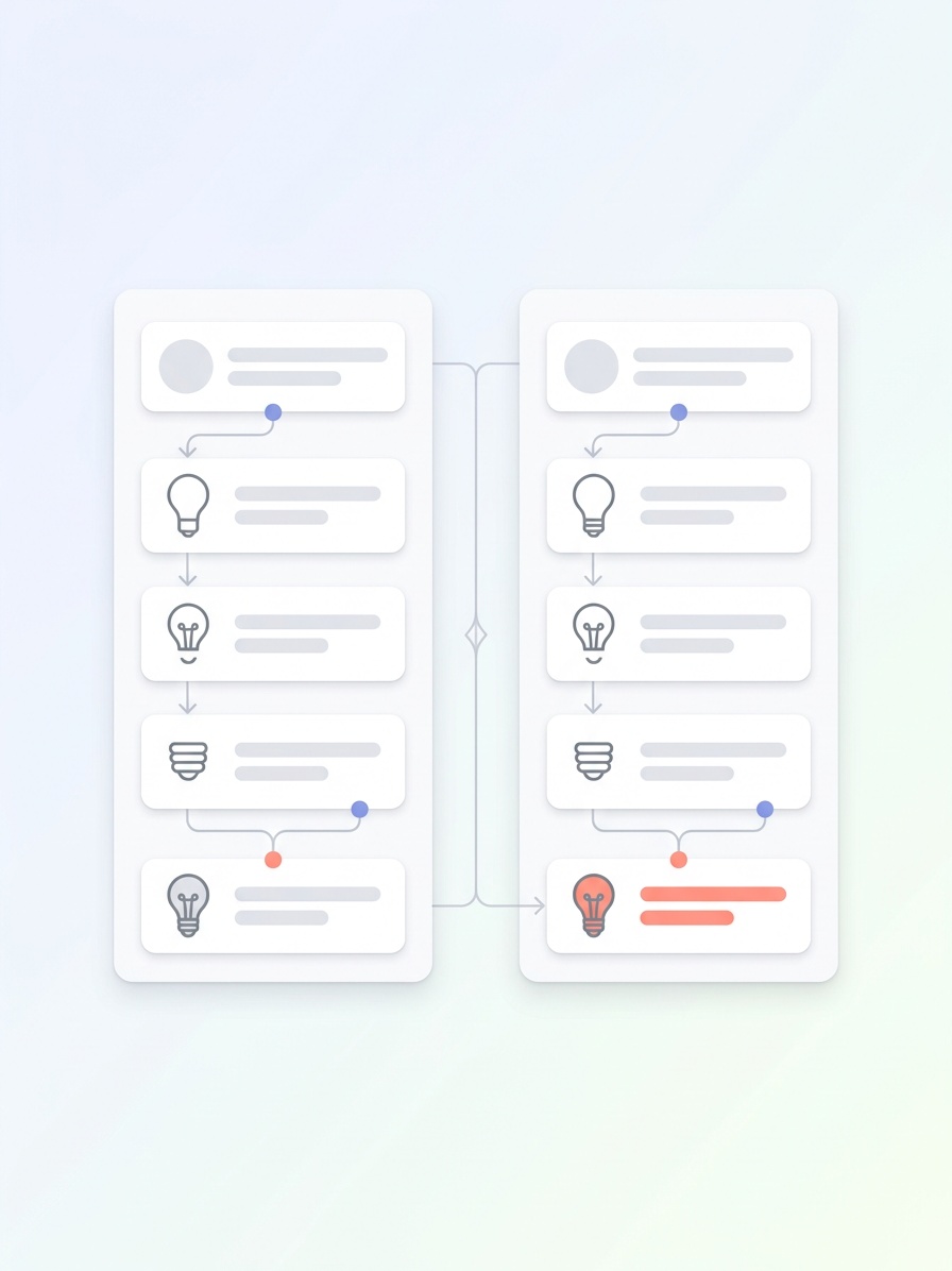 Business workflow diagram showing process optimization with lightbulb icons