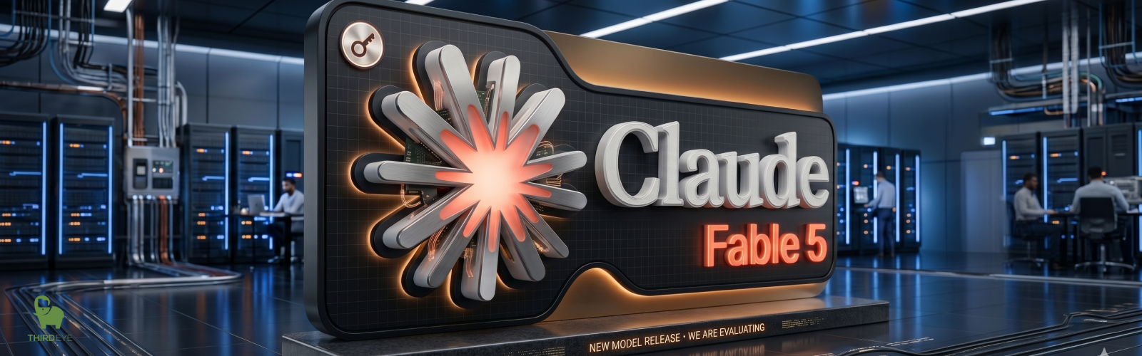 Claude Fable 5 AI logo display in futuristic data center